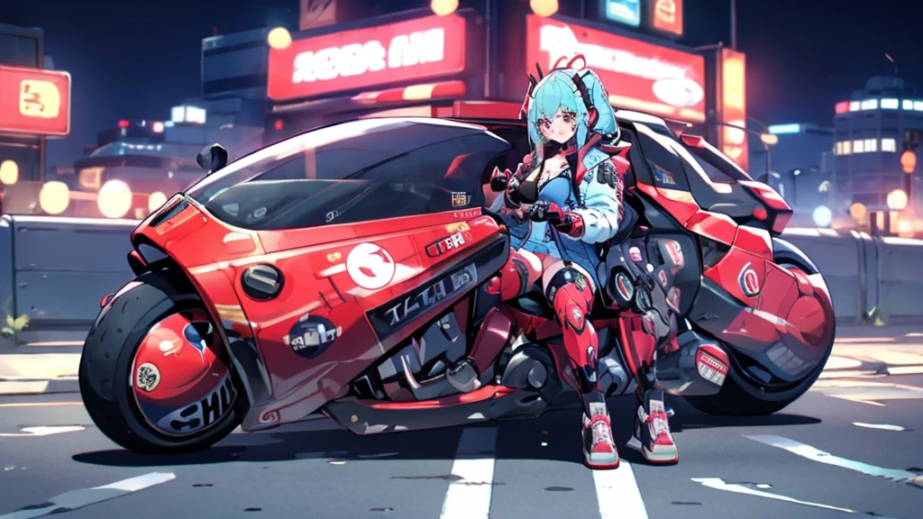 A mais alta qualidade de imagem, Detalhe excepcional, ultra-high resolution, (Fidelidade: 1.4), best illustration, favor details, 1girl altamente condensado, com um rosto delicado e bonito, vestido de mecha preto e vermelho, usando um capacete mecha, holding a steering controller, andar de moto, the background is a high-tech lighting scene of the future city.