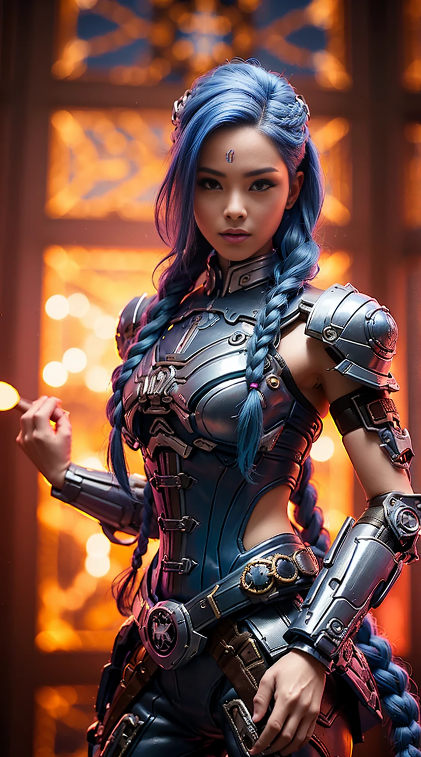 Jinx, Arcano, Jinx de League of Legends, long blue hair in braids, Double hair braids, braided hair, Minipistola, light juxtaposition& Sombra, Moody, intenso, feroz, Cinematic lighting, luz de raking, longas sombras luminosas, alta qualidade, smiling as he holds a shark-shaped rocket launcher, rosto estilo anime, Corpo Perfeito, Steampunk clockpunk