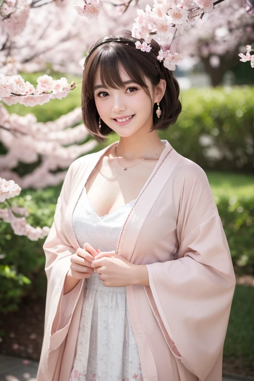 A Japanese ta girl with white skin, short layered dark brown hair with bangs, brown eyes, and a soft aura. Dressed in a pastel pink and white loliress with a flowing kimono-inspired design, traditional Japanese patterns, and a gentle smile. She has a cherry blossom hair ornament, delicate earrings, and a ring. (Highest quality, Ultra-high resolution, 8k, RAW Photos, Ultra-high resolution: 1.2, masterpiece: 1.3), (Realistic, Realistic: 1.37), Very detailed, Professional Lighting, Photon Mapping, Radio City, Physically Based Rendering, One Girl, high school girl, Sharp focus:1.2、Beautiful woman:1.4, cute, Nice, Adorable smile, Normal chest, (Cleavage), (Dark brown short hair), (A cute toothy smile)