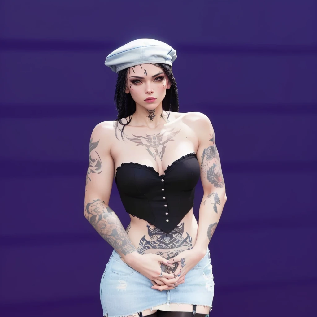 there is a woman with tattoos on her arms and chest, tatuados Poster, Poster body, tatuados body, dressed in crustpunk clothing, tatuados, with tattoos, diesel punk feminino, second life avatar, beautiful realistic upper body, fully tatuados body, Nautical Siren, highly detailed full body, detailed full body, Poster pose, detailed full body, Poster