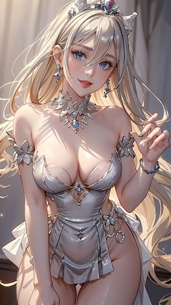 (((masterpiece, super high resolution, ultra HD, 8K quality))), (((woman in Platinum silver colored evening dress))), (((See-through revealing dress))), (((blonde pony tail hair, wave hair))), (((beautiful sparkling blue eyes, pupils with highlights))), ((long bangs)), pink lips, sexy expression, ((highly detailed)), (perfectly detailed face), (detailed and carefully drawn hands), (((very Big Tits, cute smile))), photorealistic image, silver tiara and earrings, pearl necklace, jade bangle, diamond ring, Beautiful figure from the knees up, standing, beautiful pose
