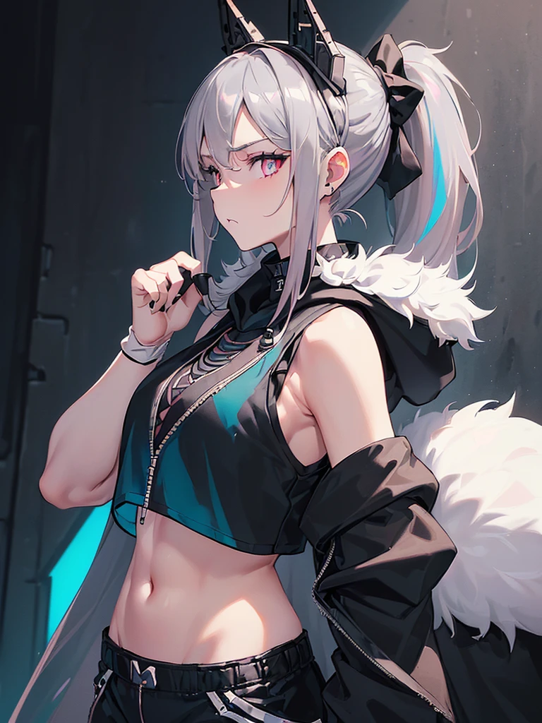 high resolution, (masterpiece), 4k, (high detail), portrait, ((from side)), (upper body), ((1girl)), teen, (((detailed light_gray_hair tied in ponytail))), (black_hairband), ((pink_eyes_with_blue_tint)), ((teal_colored_pupils)), fair skin, athletic, (b-cup breasts), zipped_hoodie, ((((sleeveless cropped black_hoodie_with_white_accents)))), ((fur collar)), sunglasses, (((black_arm_warmers))), ((white_Lounge_Shorts)), standing, ((leaning against a wall)), (relaxed pose), stoic expression, (modern city background), tall buildings in the distance, day time, sunny, ((steampunk_themed_outfit))