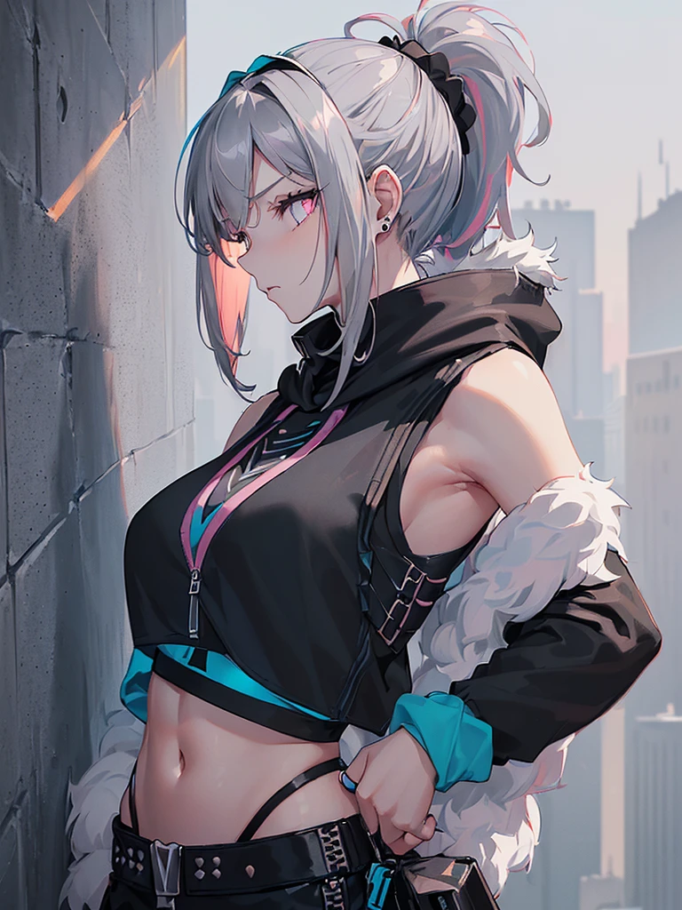 (masterpiece:1.6, best quality), (finely detailed beautiful eyes: 1.2), (Overhead view), high quality, beautiful face, 1girl, wide shot, white tshirt, leather short shorts, oversized leather jacket, open shoulders, red eyes, silver hair, large breasts, ponytail hair, wide hips, badass (leaning to the side, ), beach, background, detailed background,