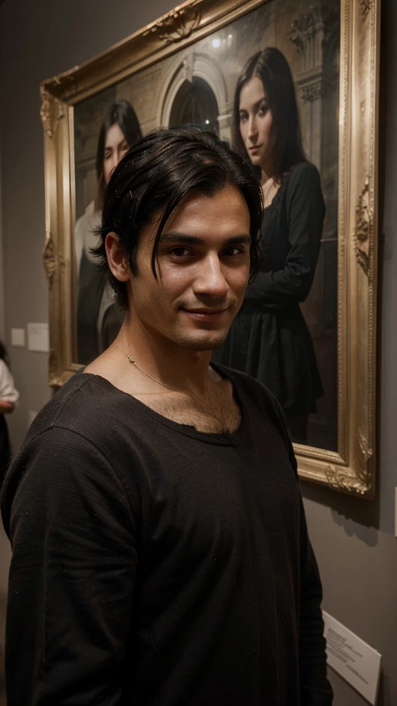 dark black hair england man, looking at the pictures in the art museum, brown eyes, wearing, smile, detailed