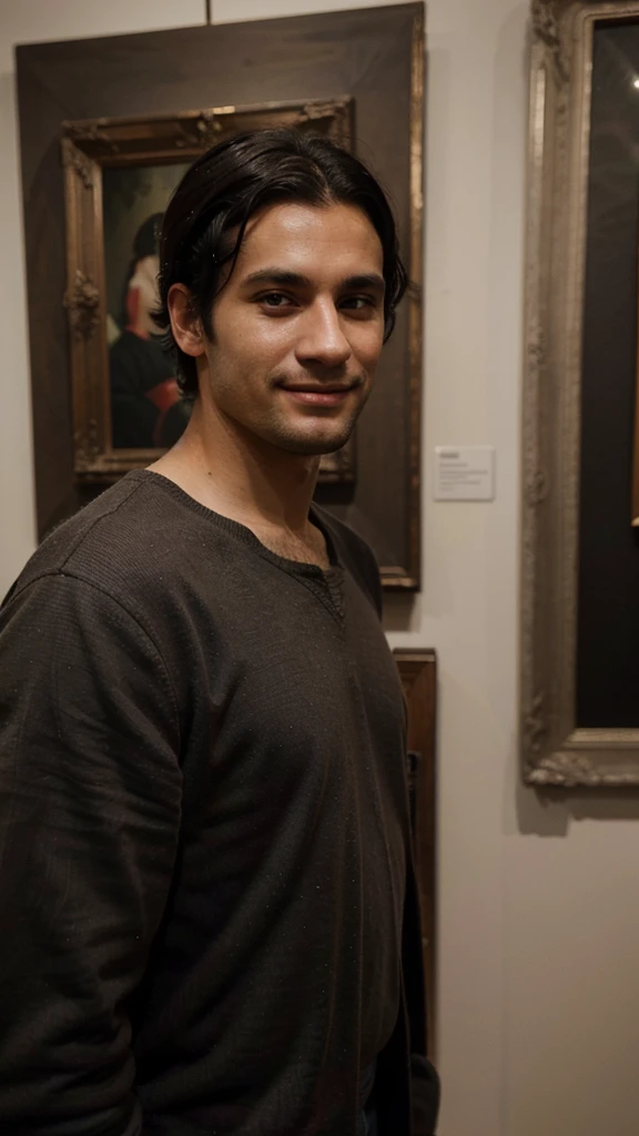 dark black hair england man, looking at the pictures in the art museum, brown eyes, wearing, smile, detailed