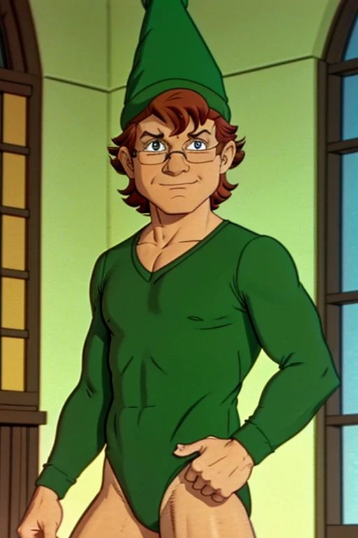 a redhead cartoon character dressed in a green leotard, very muscular, a young male wizard, 1980s cartoon, animated episode still, Presto (((mad))), ((He wears a wizard hat and eyeglasses))