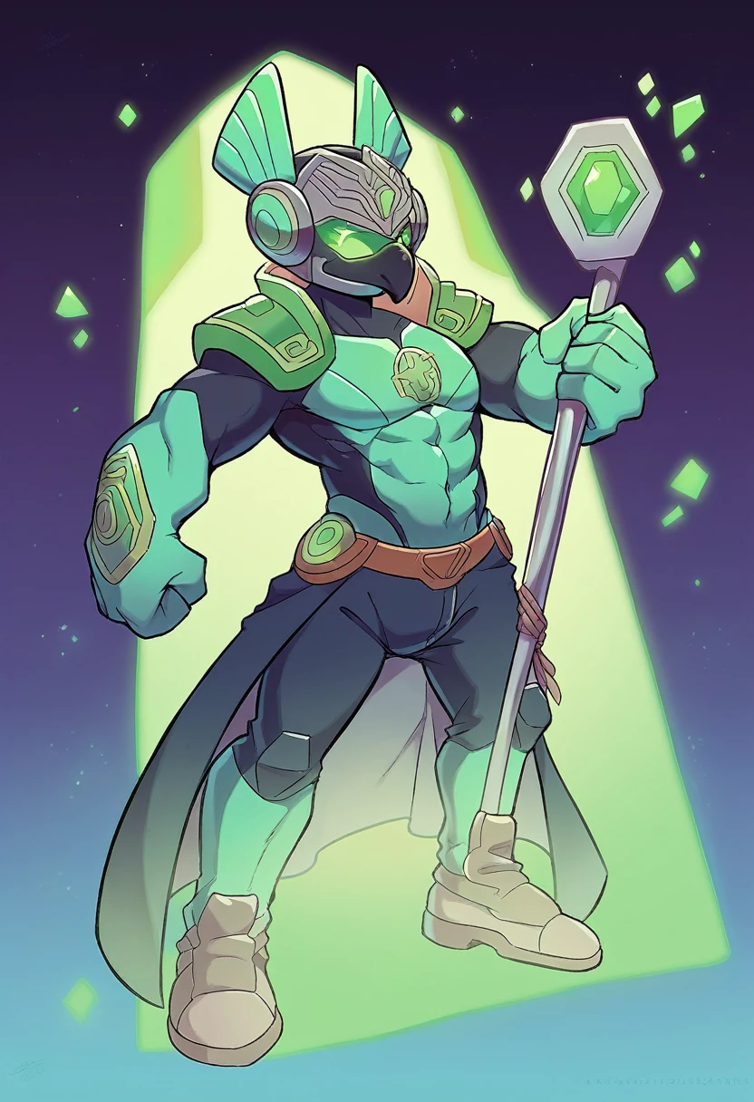 Hero Man whose suit is a vibrant emerald green with black details, decorated with luminous symbols. He wears a helmet that resembles a futuristic visor., with a shiny jewel in the center. Its beak transforms into a hammer of green energy, with a luminous sphere at the end that emits pulses of light.