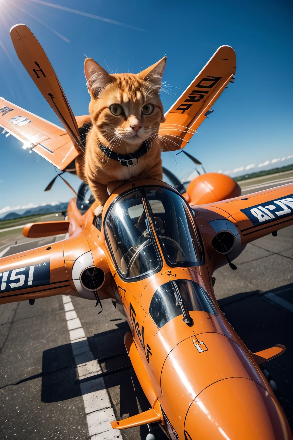 Orange cat in aircraft pilot outfit, flying airplane