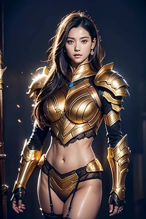 fully body photo，（best qualtiy）， （1girll）， starryskybackground, crown, one hand holding shield, one hand holding a spear, Wearing shiny gold armor， Sexy lingerie type armor，Expose your chest，Expose the waistline，Exposing thighs，cool-pose， Saint Seiya Armor， messy hair，high detal, Cinematic lighting, Sparkle, god light, Ray traching, filmgrain, hyper HD, textureskin, super detailing, Anatomical correct, A high resolution，Ultra-high saturation，hight contrast，High-gloss armor，Smooth skin，Serious expressions