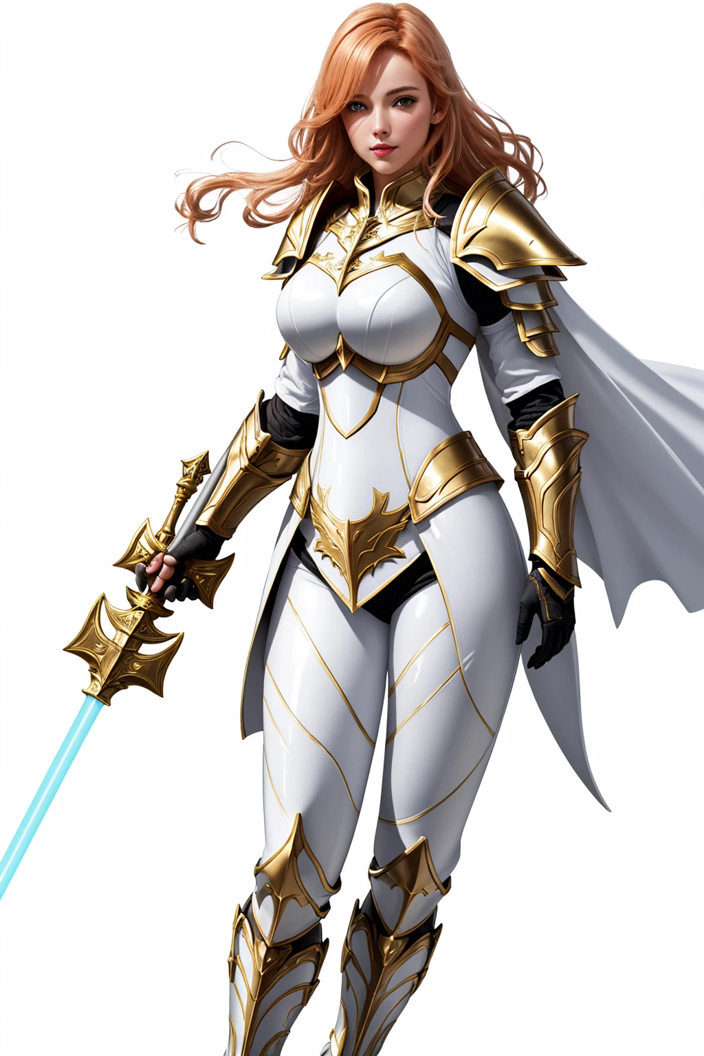 paladin, female, full armor, white armor, sexy, pretty face face, glowing armor, wonderfull,, full body, Meilleure qualité, 1fille seulement, one body, gros seins, clivage, rideaux de poitrine, glowing sword,white and gold armor, ginger hair color, fin lips, sexy face, hold, two arms, two legs,