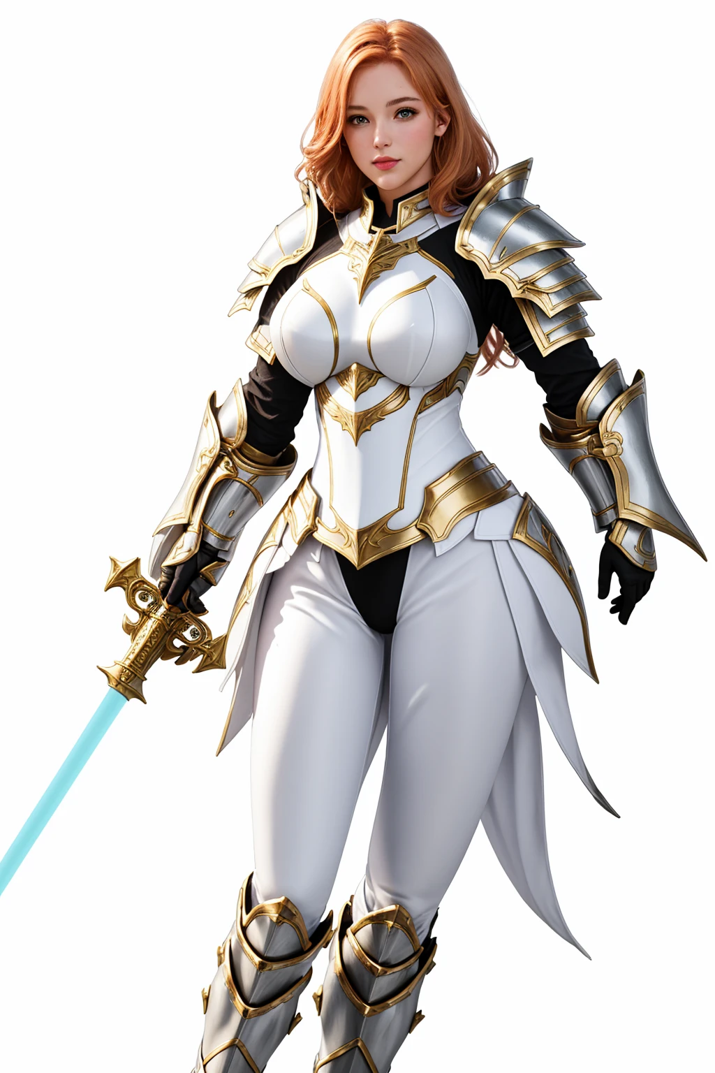 paladin, female, full armor, white armor, sexy, pretty face face, glowing armor, wonderfull,, full body, Meilleure qualité, 1fille seulement, one body, gros seins, clivage, rideaux de poitrine, glowing sword,white and gold armor, ginger hair color, fin lips, sexy face, hold, two arms, two legs,