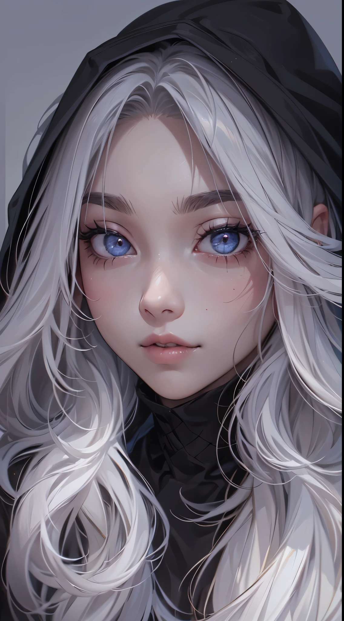 White elf girl, dark grey hair color, very long flowing hair, grey eye color, small eyes, round eye shape, eyeliner, realistic face shape. black shirt, portrait, wearing a black hood, black background, Depth of Field. looking at camera, dreamy look detailed eyes, detailed face, detailed skin, Ultra Detailed, Beautiful and Aesthetic, Masterpiece, Best Quality, shoulders showing. fish net fabric, round chin shape. wearing black hood over hair. showing full upper body and face. wearing a black hood, alot of flairs in background, zoomed out, black and white. glowing,