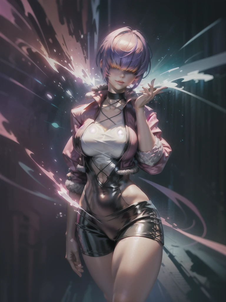 (night), in a video game scene with a neon background and a neon light, Standing at attention, pink suit, pink jacket, choker, neckline, clothing cut, earrings, purple hair, eyes completely covered by hair bangs ((hair over eyes)), 1 girl, 20 years old, Young woman, Beautiful finger, Beautiful long legs, Beautiful body, Beautiful nose, Beautiful character design, perfect face, looking at viewer (focusing on his face), mouth closed, Light_Smile, official art, extremely detailed CG unity 8k wallpaper, perfect lighting, colorful, bright front lighting, shiny skin, (masterpiece: 1.0), (best_quality: 1.0), ultra-high resolution, 4K, ultra-detailed, photography, 8K, HDR, high resolution, absurdities:1.2, Kodak portra 400, film grain, blurred background, bokeh:1.2, lens flare, (vibrant_color:1.2), professional photography, (Beautiful, breasts: 1.4), (beautiful_face: 1.5), (narrow_waist),
