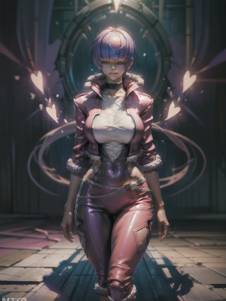 (night), in a video game scene with a neon background and a neon light, Standing at attention, pink suit, pink jacket, choker, neckline, clothing cut, earrings, purple hair, eyes completely covered by hair bangs ((hair over eyes)), 1 girl, 20 years old, Young woman, Beautiful finger, Beautiful long legs, Beautiful body, Beautiful nose, Beautiful character design, perfect face, looking at viewer (focusing on his face), mouth closed, Light_Smile, official art, extremely detailed CG unity 8k wallpaper, perfect lighting, colorful, bright front lighting, shiny skin, (masterpiece: 1.0), (best_quality: 1.0), ultra-high resolution, 4K, ultra-detailed, photography, 8K, HDR, high resolution, absurdities:1.2, Kodak portra 400, film grain, blurred background, bokeh:1.2, lens flare, (vibrant_color:1.2), professional photography, (Beautiful, breasts: 1.4), (beautiful_face: 1.5), (narrow_waist),
