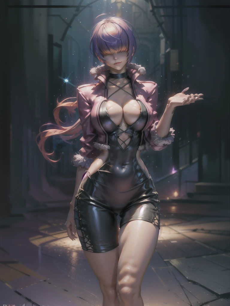 (night), in a video game scene with a neon background and a neon light, Standing at attention, pink suit, pink jacket, choker, neckline, clothing cut, earrings, purple hair, eyes completely covered by hair bangs ((hair over eyes)), 1 girl, 20 years old, Young woman, Beautiful finger, Beautiful long legs, Beautiful body, Beautiful nose, Beautiful character design, perfect face, looking at viewer (focusing on his face), mouth closed, Light_Smile, official art, extremely detailed CG unity 8k wallpaper, perfect lighting, colorful, bright front lighting, shiny skin, (masterpiece: 1.0), (best_quality: 1.0), ultra-high resolution, 4K, ultra-detailed, photography, 8K, HDR, high resolution, absurdities:1.2, Kodak portra 400, film grain, blurred background, bokeh:1.2, lens flare, (vibrant_color:1.2), professional photography, (Beautiful, breasts: 1.4), (beautiful_face: 1.5), (narrow_waist),
