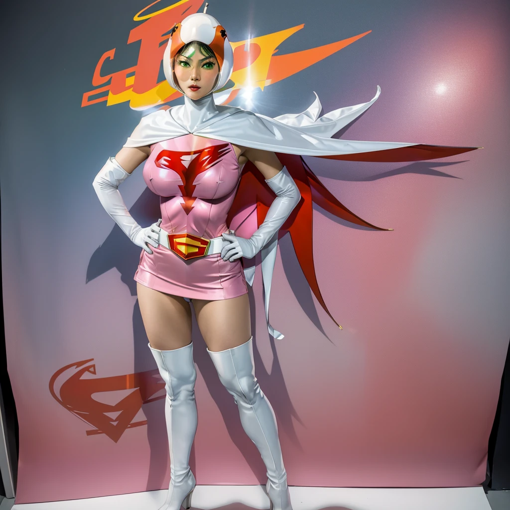 ANI_CLASSIC_jun_gatchaman_ownwaifu,1girl, ,good anatomy, masterpiece, best quality,realistic, hyperrealistic, 16k hdr,breasts,greelips,large breasts,lipstick,maoves,cape,helmet,belt,elbow gloves,white gloves,mask,ultra miniskirt,leotard,spacesuit,white tight overknee highheels boots,pink dress,superhero,bodysuit,cleavage,erected nipples,(ose,handsip,view low)),cameltoe