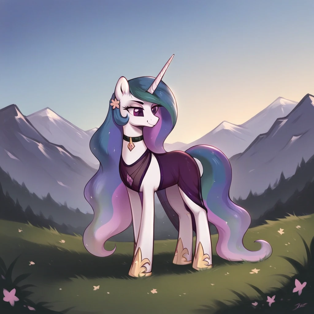 score_9, score_8_up, score_7_up, score_6_up, score_5_up, score_4_up, rating_explicit, outdoors, purple (see through purple dress and neck choker), solo, feral pony, princess  celestia, evil smile, closed mouth,BREAK mountain, day, sky, flower, mountainous horizon, blue sky, grass 