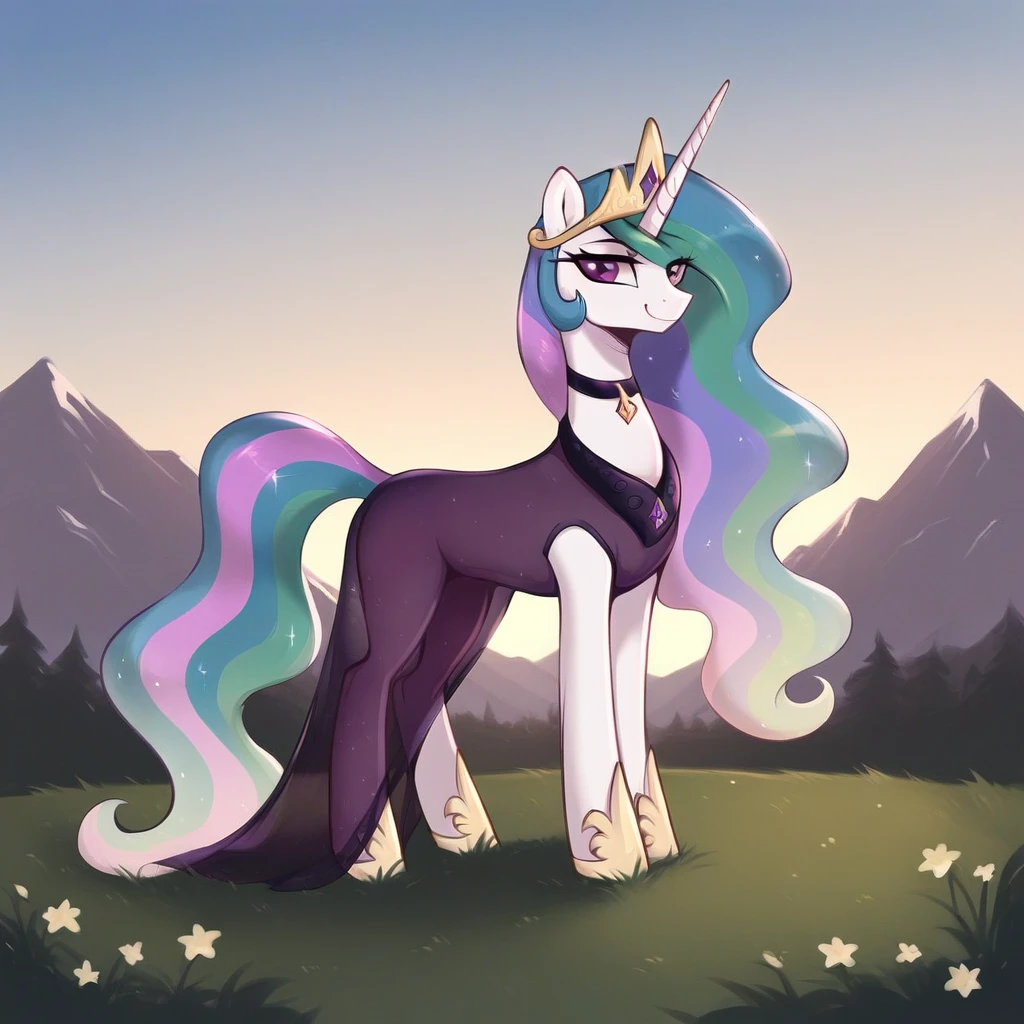 score_9, score_8_up, score_7_up, score_6_up, score_5_up, score_4_up, rating_explicit, outdoors, purple (see through purple dress and neck choker), solo, feral pony, princess  celestia, evil smile, closed mouth,BREAK mountain, day, sky, flower, mountainous horizon, blue sky, grass 