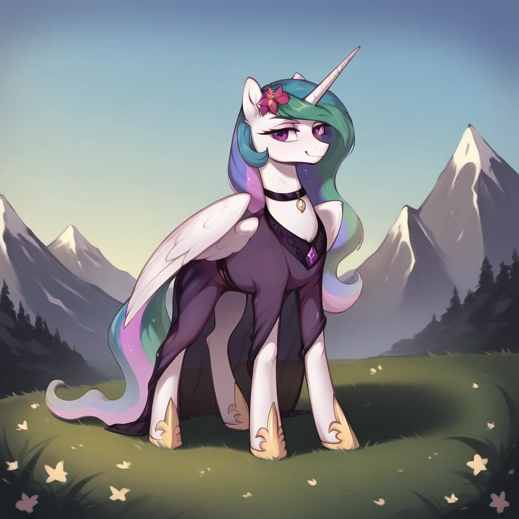 score_9, score_8_up, score_7_up, score_6_up, score_5_up, score_4_up, rating_explicit, outdoors, purple (see through purple dress and neck choker), solo, feral pony, princess  celestia, evil smile, closed mouth,BREAK mountain, day, sky, flower, mountainous horizon, blue sky, grass 