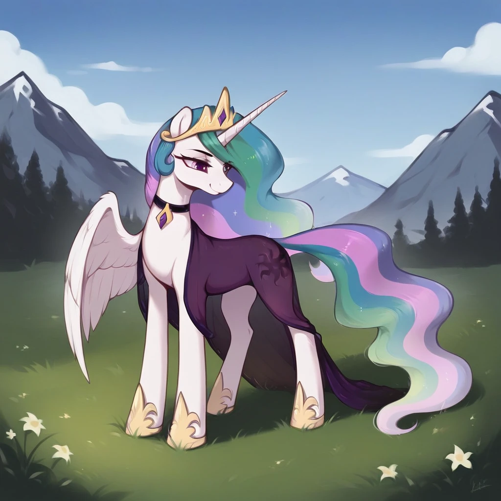 score_9, score_8_up, score_7_up, score_6_up, score_5_up, score_4_up, rating_explicit, outdoors, purple (see through purple dress and neck choker), solo, feral pony, princess  celestia, evil smile, closed mouth,BREAK mountain, day, sky, flower, mountainous horizon, blue sky, grass 