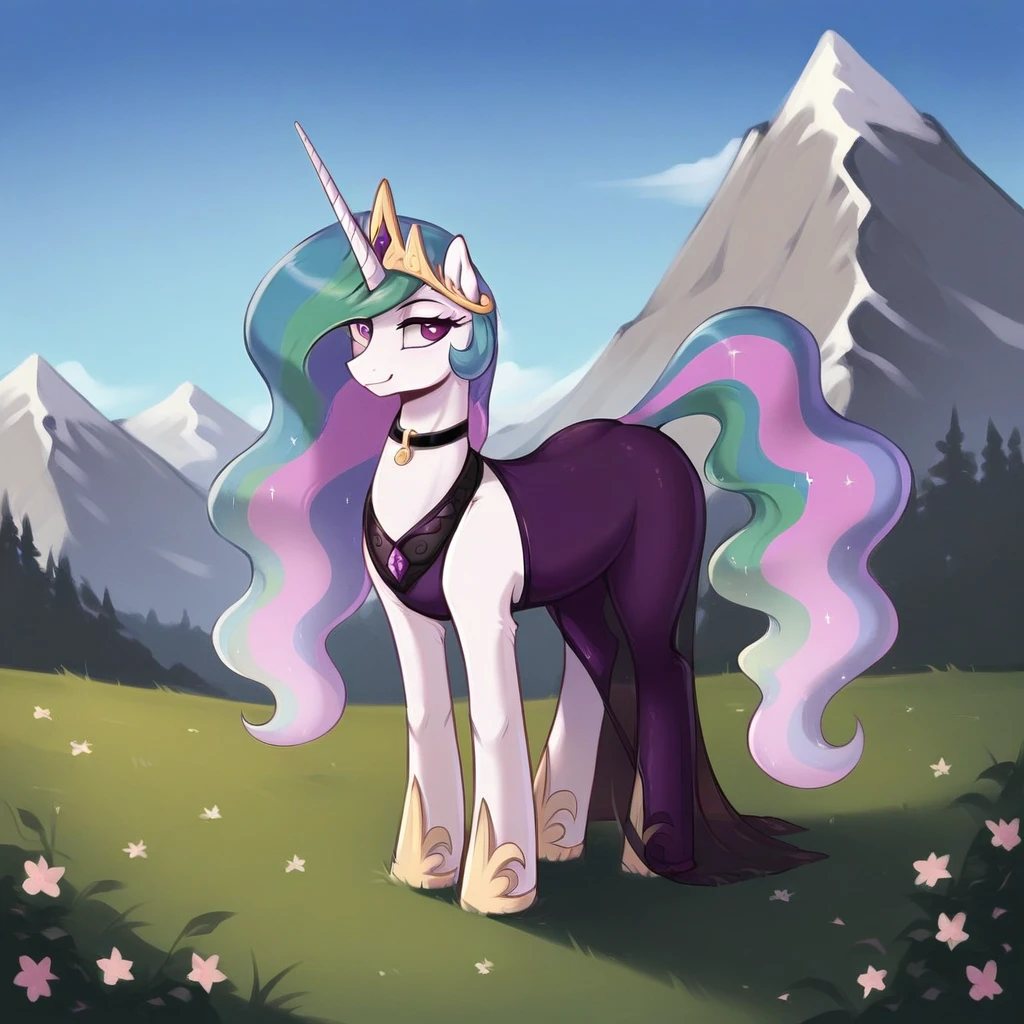 score_9, score_8_up, score_7_up, score_6_up, score_5_up, score_4_up, rating_explicit, outdoors, purple (see through purple dress and neck choker), solo, feral pony, princess  celestia, evil smile, closed mouth,BREAK mountain, day, sky, flower, mountainous horizon, blue sky, grass 