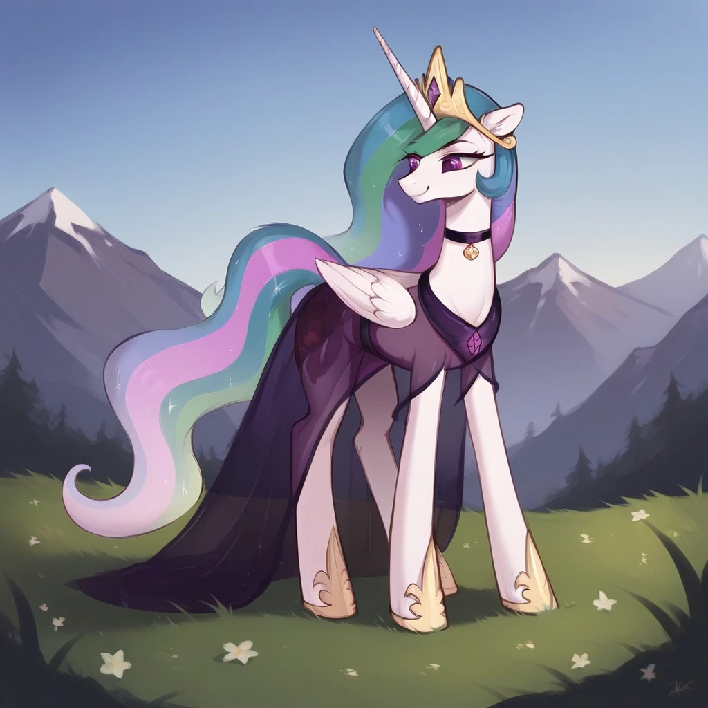 score_9, score_8_up, score_7_up, score_6_up, score_5_up, score_4_up, rating_explicit, outdoors, purple (see through purple dress and neck choker), solo, feral pony, princess  celestia, evil smile, closed mouth,BREAK mountain, day, sky, flower, mountainous horizon, blue sky, grass 