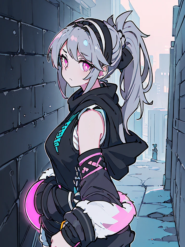 high resolution, (masterpiece), 4k, (high detail), portrait, ((from side)), (upper body), ((1girl)), teen, (((detailed light_gray_hair tied in ponytail))), (black_hairband), ((pink_eyes_with_blue_tint)), ((teal_colored_pupils)), fair skin, athletic, (b-cup breasts), zipped_hoodie, ((((sleeveless cropped black_hoodie_with_white_accents)))), ((fur collar)), (sunglasses), (((black_arm_warmers))), ((white_Lounge_Shorts)), standing, ((leaning against a wall)), (relaxed pose), stoic expression, (modern city background), tall buildings in the distance, day time, sunny, ((steampunk_themed_outfit))