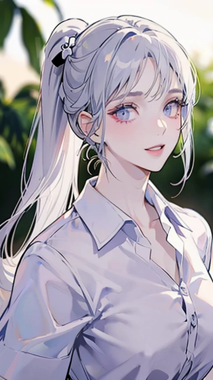 Masterpiece, high quality, Single female, Ethereal, beautiful，portrait, one long silver ponytail, side bangs, very pale skin, vivid purple eyes, glittering eyes, white eyelashes, white eyebrows, radiant smile, colorful, blue colors，white colors, white shirt short sleeves, no accessories, flowy，The face is happy, clear eyes，vanilla flowers in the background, daytime, vanilla flower, Rich in color, close-up shot, bust photo, NO hands.