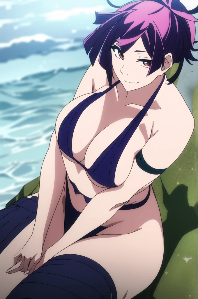 (masterpiece), ((best quality)), yuzuriha_jigokuraku, 1girl, solo, breasts, short_hair, red_eyes, ponytail, purple_hair, looking_at_viewer, blushed smile, large_breasts, cleavage, bare_shoulders, sitting, sitting on benh, collarbone, crossed_legs, black underwear, from_below, breasts, large breasts, big breasts, huge breasts, big tits, giant breasts, small bikini, bikini, bare shoulders, bare arms, beach, ocean, underboob