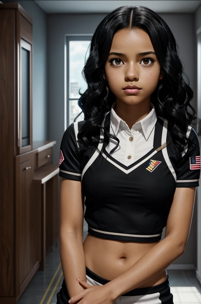 Screenshot My hero Academia.girl with black wavy hair, BROWN SKIN, black eyes,with the My Hero Academia uniform,in a room.