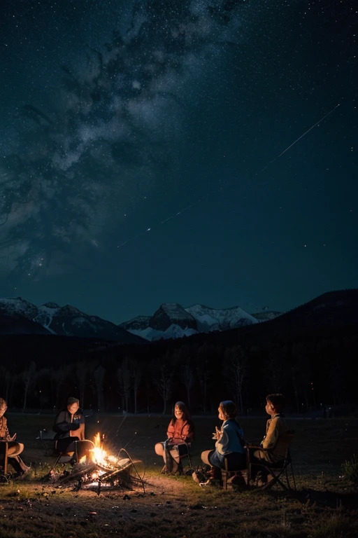 Draw a wide lofi anime scene of a campfire in the middle of school.., people everywhere, mountain background, front view, Starry Night, dark bluish tones, Masterpiece, melancholic scene,