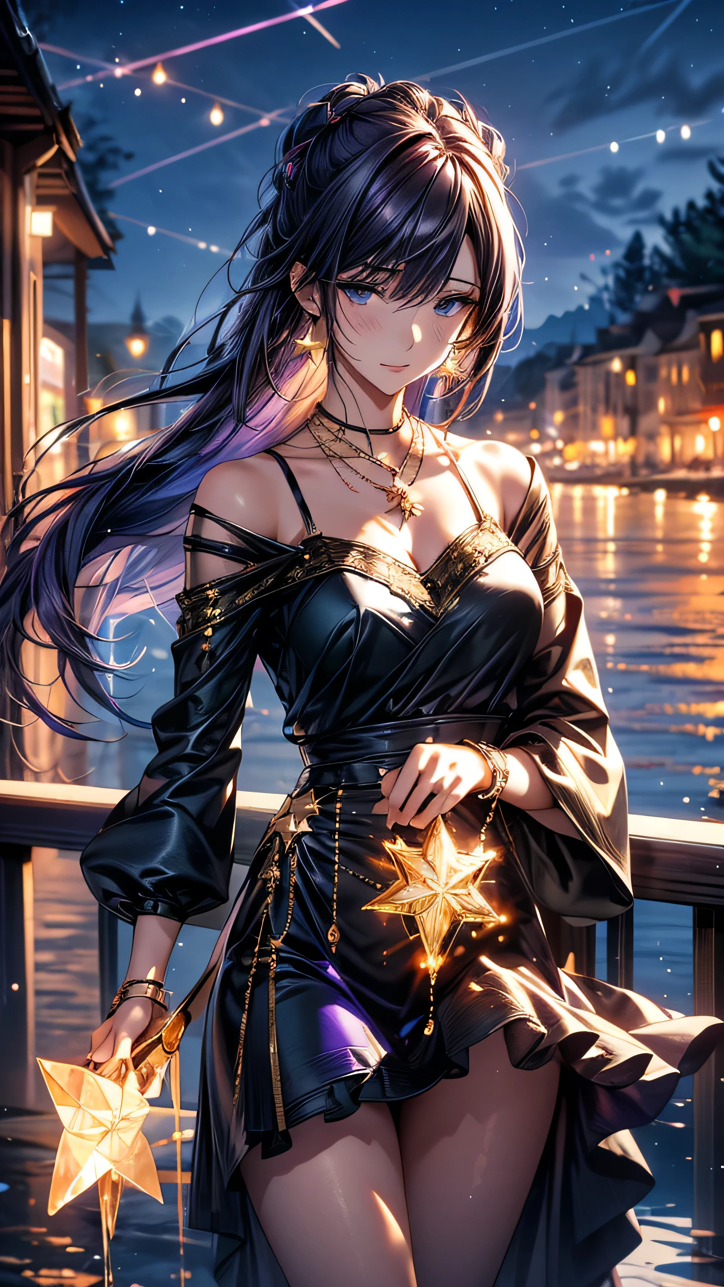 girl, Located on the corner, looking at the null, Lonely, Mona (Genshin Impact), necklace, Hair between the eyes, star (Symbolism), Long Hair, Dark purple hair, Double Tail, blue eyes, Shining Eyes, jewelry, witch, Maid, bangs, Purple black dress, Purple Skirt, White apron, landscape, night null, star (null), starry null, night, Outdoor, cloud, reflection, water, magic, Tarot Cards, water magic, ((beautiful golden crystal star)),  null間, water droplets, splash, Octane Rendering