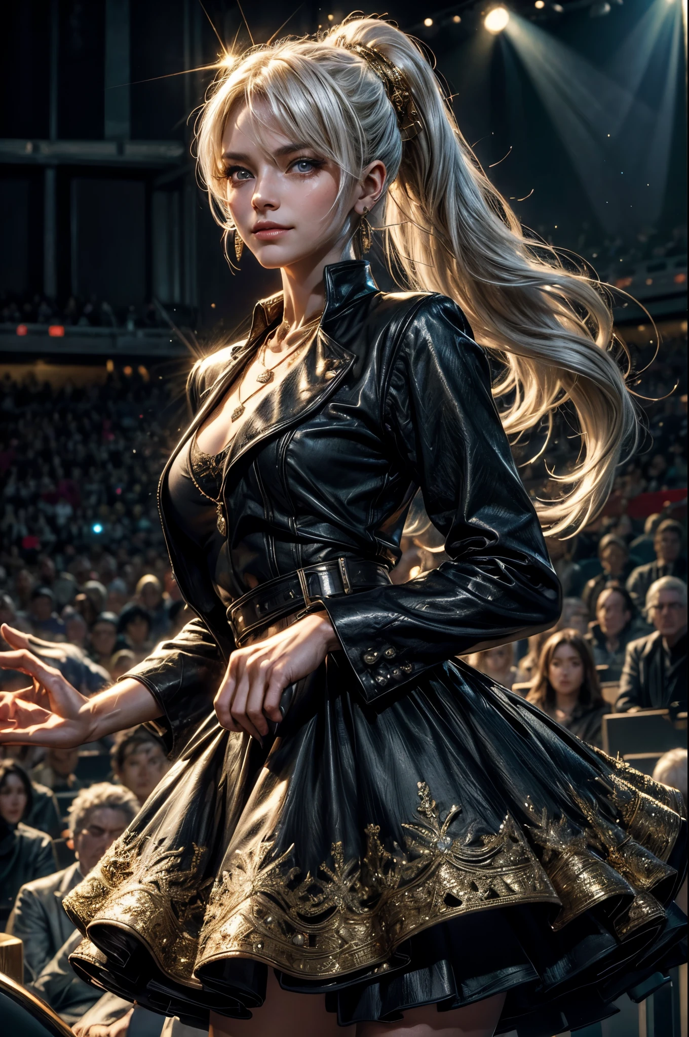 (masterpiece, best quality:1.2), cowboy shot, weissvale, smile, closed mouth, looking at viewer, long white hair, side ponytail, scar above eye, scar below eye, gold gala dress, jewelry, necklace, earrings, future_urban, standing in theater, holding microphone, orchestra, audience, crowd, (volumetric lighting), intricate details, tonemapping, sharp focus, hyper detailed