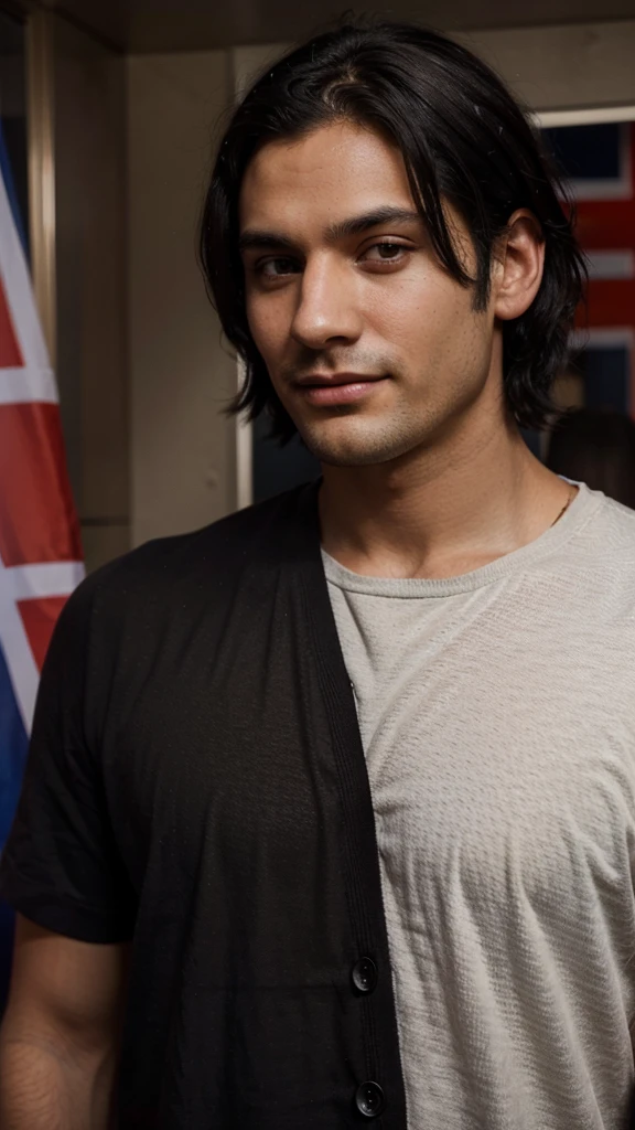 dark black hair england man, posing, brown eyes, wearing, smirk, detailed