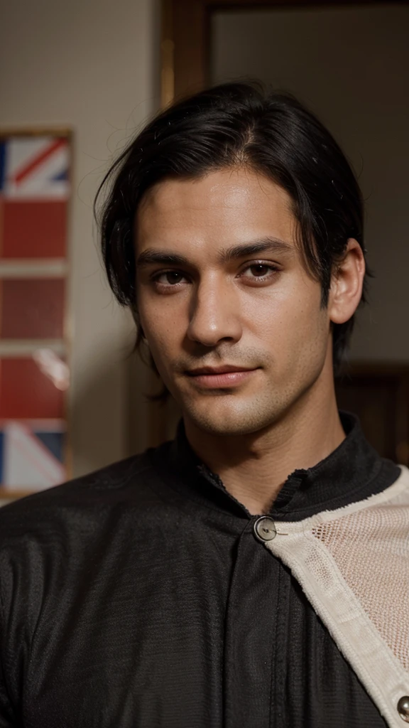 dark black hair england man, posing, brown eyes, wearing, smirk, detailed