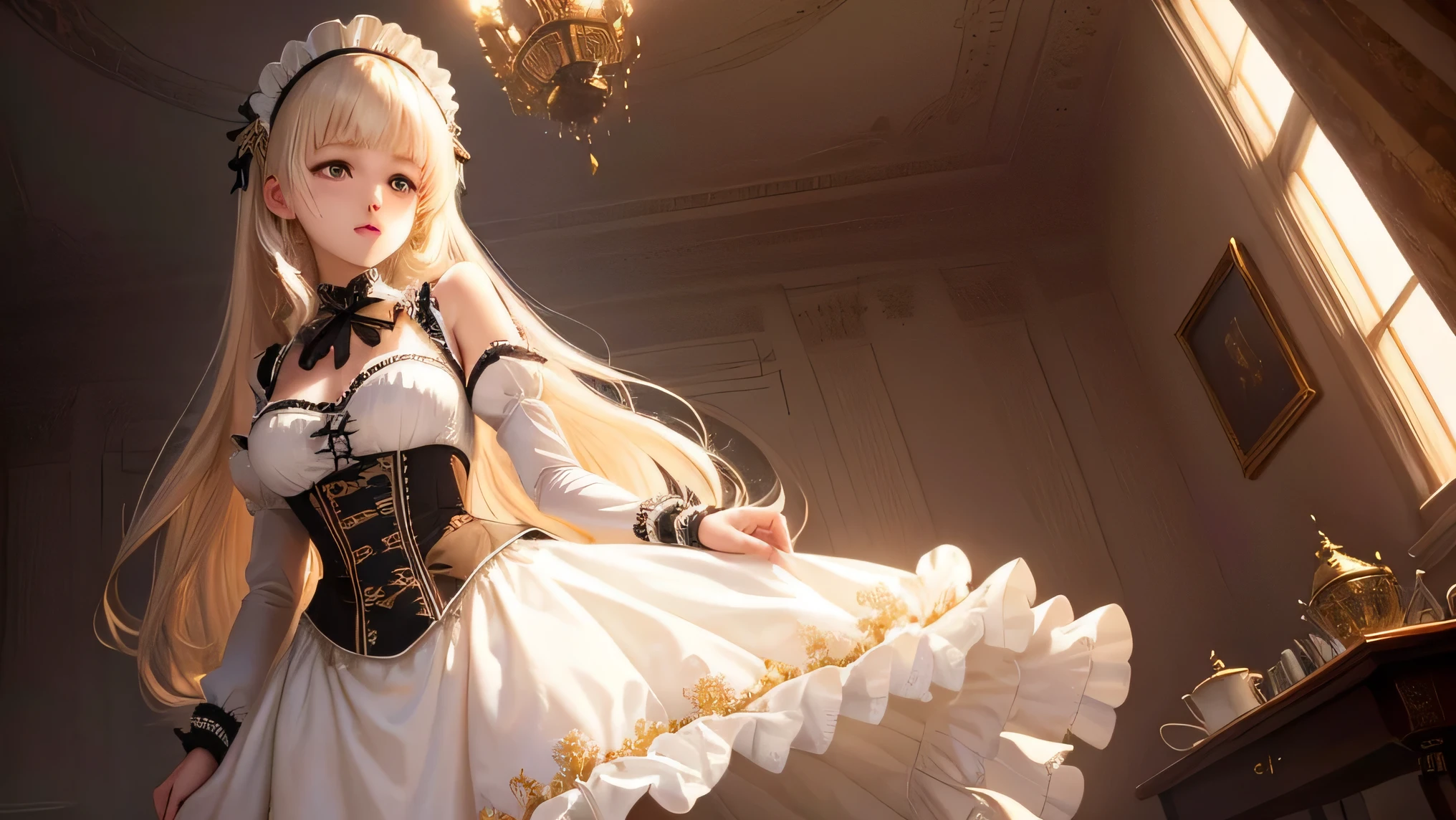 masterpiece, Highest quality, Very detailed, High resolution, High resolution,, Chobitsu, What is, Emotionless,, One girl, alone, bangs, Exposing shoulders, chest, Brown eyes, Clamp (Circle) (style), Platinum Blonde Hair, Very long hair, Robot ears, , Hair Tube,, Maid, Maid headdress, Maid apron, victorian Maid, Maid dress,, mksks style, Beautiful background, Detailed Background, professional lightning, Mansion, indoor, Money ornament, Money, Money effects,