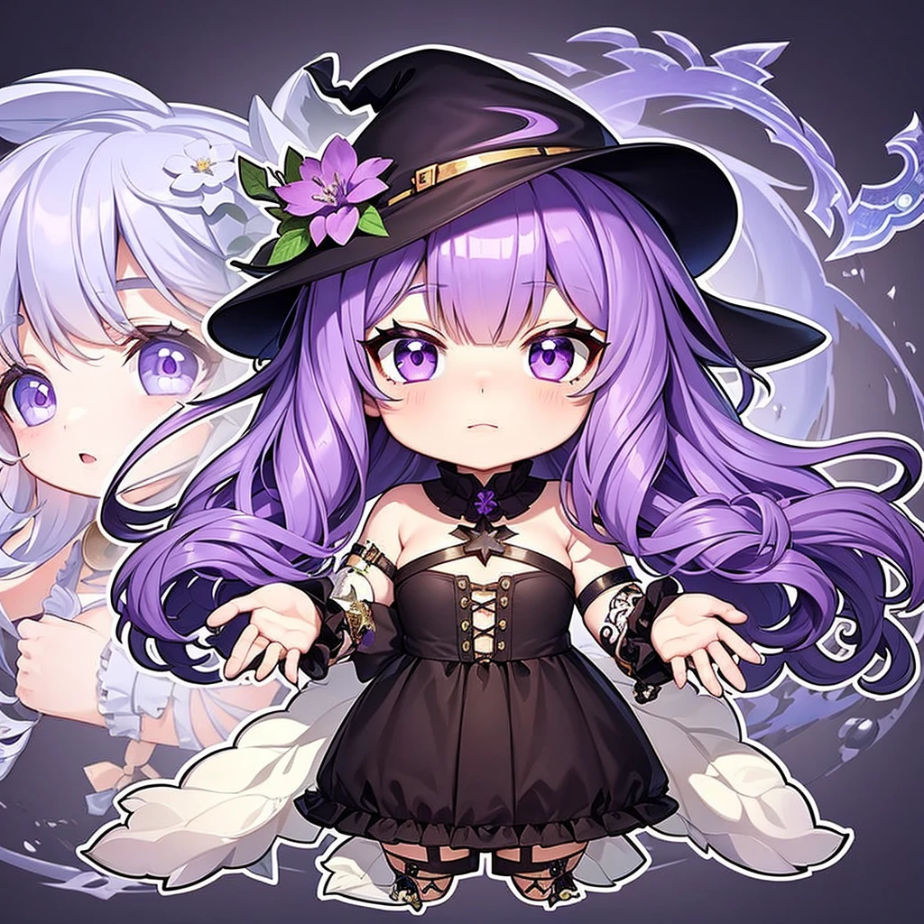 Adult elf girl. Witch, witch hat, flowers in hair. Purple hair, purple hair. Medieval. Tattooed. chibi, 
