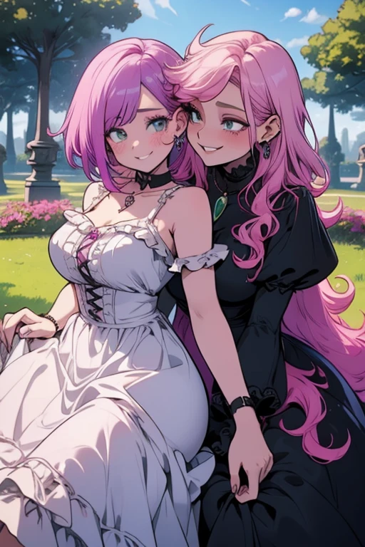 Two women. Perfect faces. Perfect hands. A light purple hair with green eyes with an hourglass figure in a frilly dress is hugging a pink haired woman with violet eyes in a frilly Gothic dress in the park with a big smile