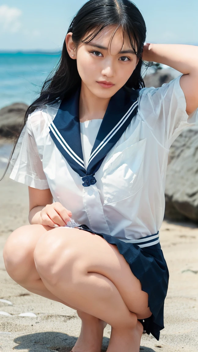 (8k、RAW Photos、highest quality、masterpiece:1.2)、(Realistic、Realistic)、1 girl、low length、((Wearing a sailor uniform、Breasts exposed from clothes、She lifted her dress to expose her breasts、Her sailor uniform is open and her breasts are visible、No underwear、Wet Skin、Small breasts、Small breasts、Shaved、Are standing、Asahi、Tropical Sea、Walking along the edge of the waves))、smile、Lots of eyelashes、Add shine to your eyelids、skeletally correct、Full nudity、short hair、Angle from below、Showing off her private parts