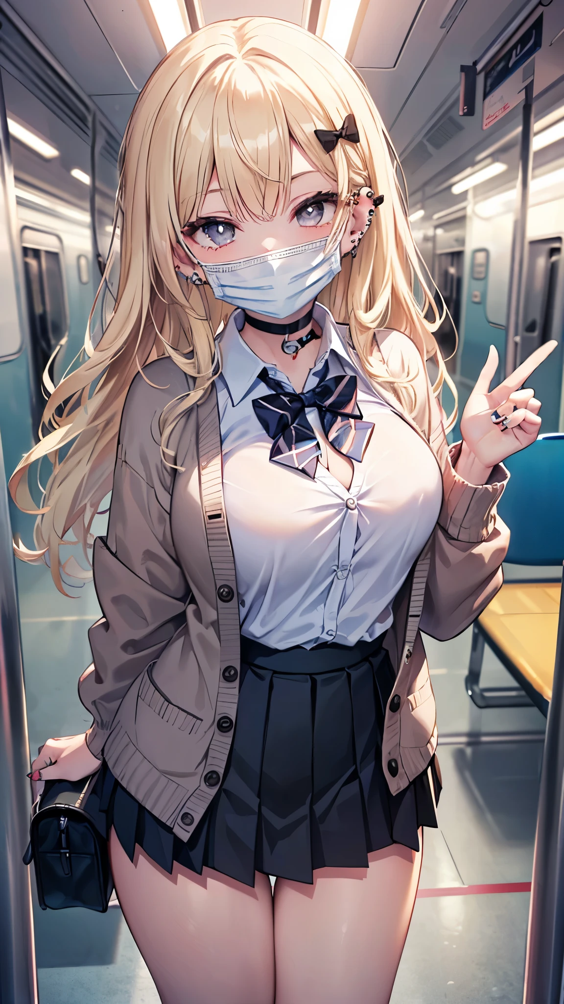 (masterpiece、Highest quality、Very detailed))、One girl、gyaru、Blonde、Long Hair、Wavy Hair、Grey Eyes、evil smile、((Grin))、((Black surgical mask pull))、((lots of piercing))、Large Breasts、((White collared shirt))、((A bow tie))、((cardigan))、((Black pleated skirt))、((micro miniskirt))、((Thick waist))、Cowboy Shot、Background inside the train