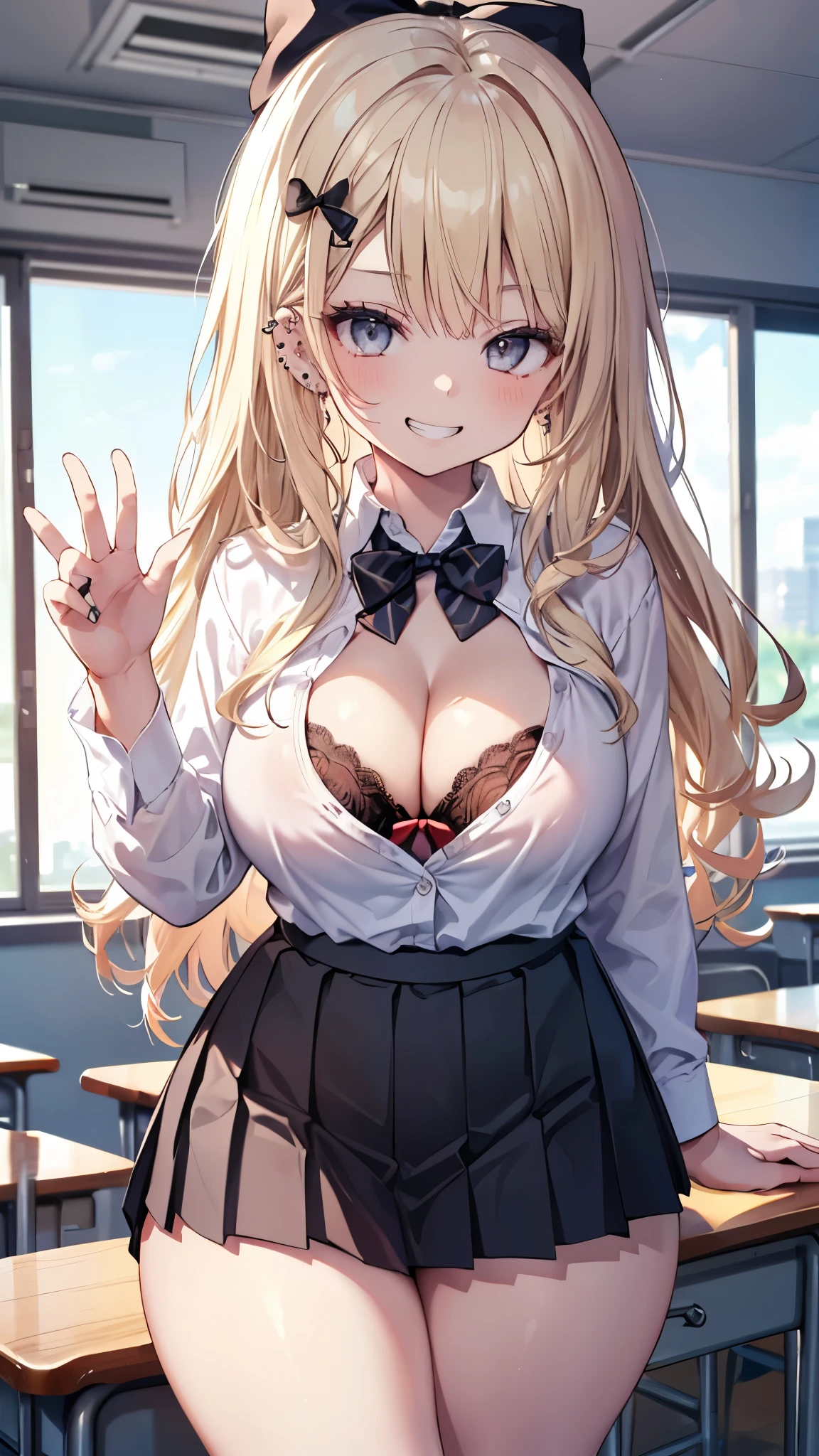 (masterpiece、Highest quality、Very detailed))、One girl、gyaru、Blonde、Long Hair、Wavy Hair、Grey Eyes、evil smile、((Grin))、((lots of piercing))、Large Breasts、((White collared shirt))、((A bow tie))、((cleavage))、((Black pleated skirt))、((micro miniskirt))、((Thick waist))、Cowboy Shot、Classroom Background
