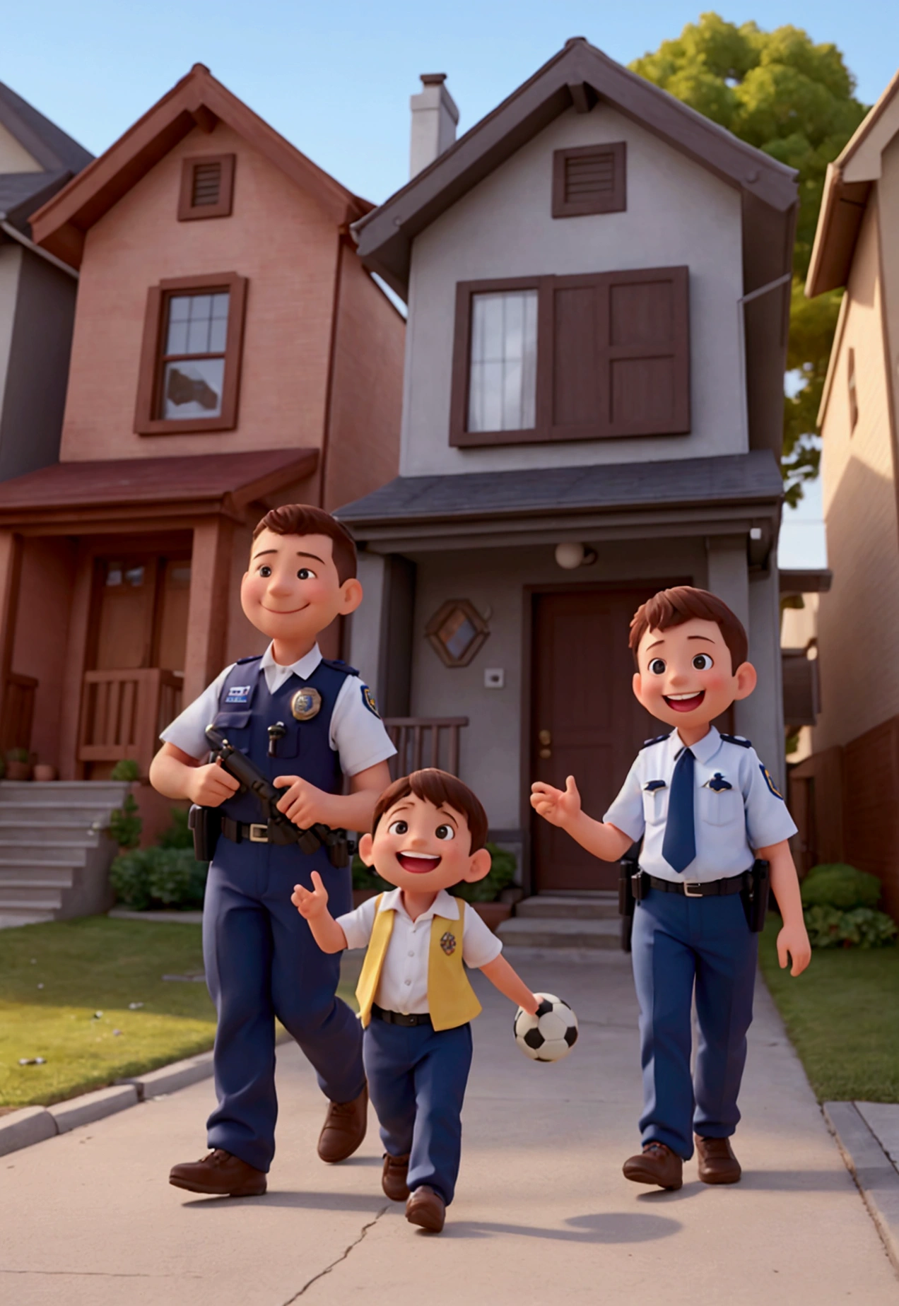 "A comical scene where a smiling, mischievous-looking child is being gently escorted by two friendly police officers. The child holds a soccer ball and the police officer on the left is pointing to a broken window of the house in the background, with the neighbor waving with a slightly exasperated smile, kinda fun. The cops and the neighbor clearly find the situation funny, while the  appears to be enjoying the &#39;adventure&#39;."