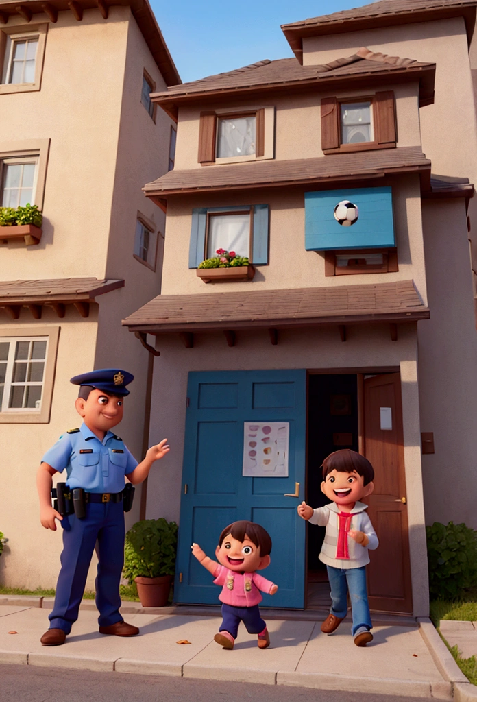 "A comical scene where a smiling, mischievous-looking child is being gently escorted by two friendly police officers. The child holds a soccer ball and the police officer on the left is pointing to a broken window of the house in the background, with the neighbor waving with a slightly exasperated smile, kinda fun. The cops and the neighbor clearly find the situation funny, while the appears to be enjoying the 'adventure'."