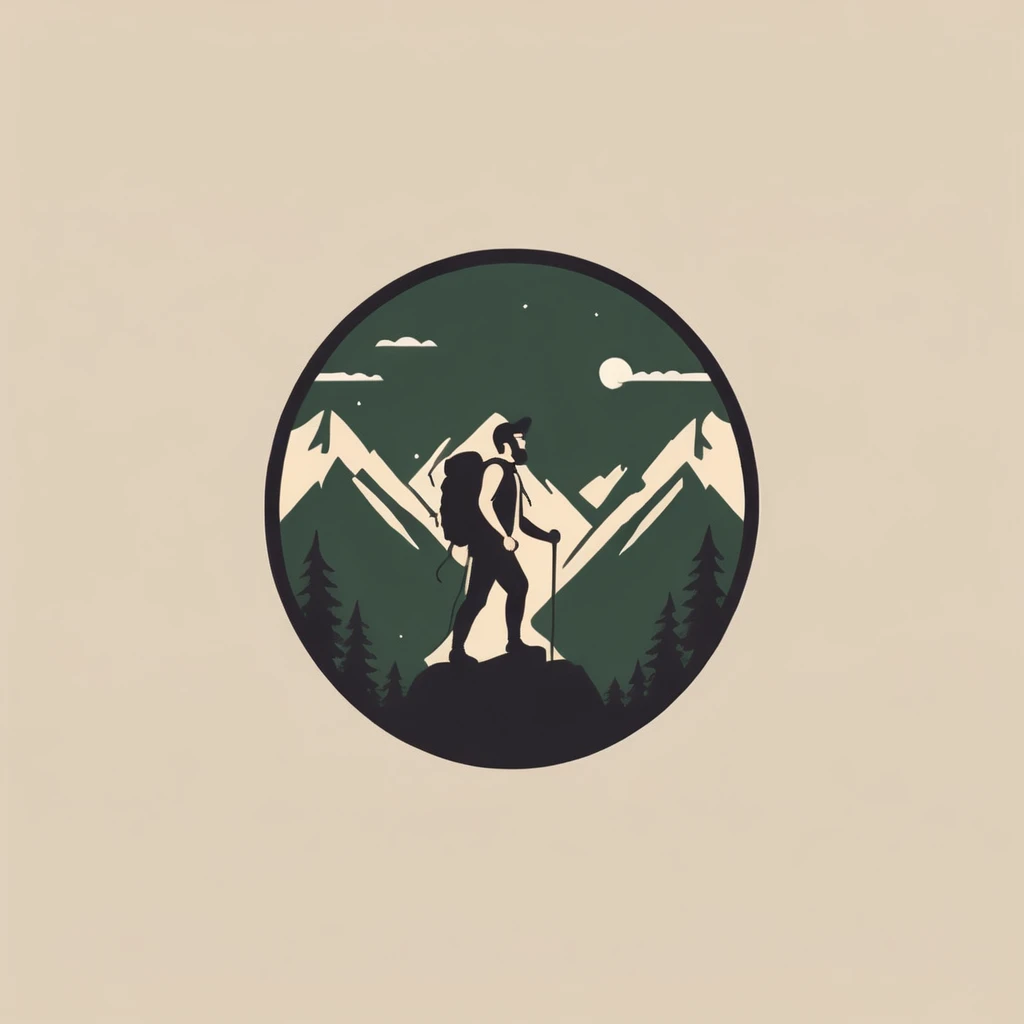 logo,
A logo for a video channel, man on a hike, mountain, wild land, wild land-themed colors (dark green, beige)
),logoКрасныйAF
,