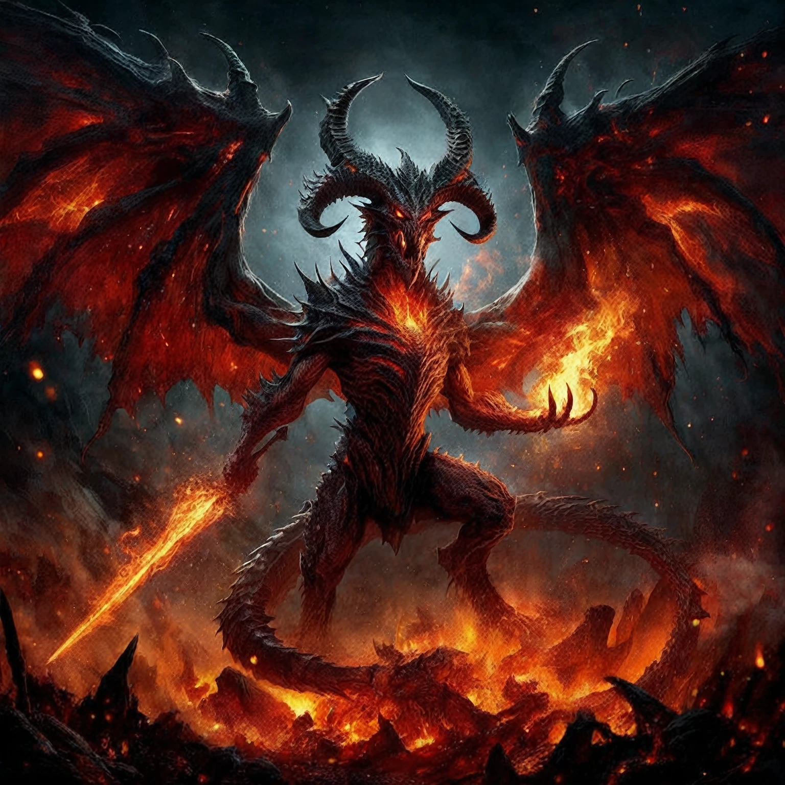 a demonic demon with a sword in his hand and fire in the background, the devil in hell as a dragon, diablo 4, ruler of inferno, balrog, diablo concept art, diablo digital concept art, muscled humanoid balrog demon, diablo 4 lilith, fire demon, draconic, drachenlord, the final battle in hell, satan in hell