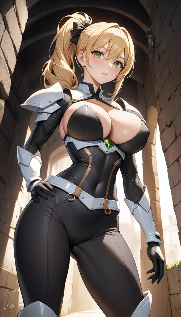 ((masterpiece)), ((high quality)), ((super detailed)), ((high resolution)) ,((8k)), a beautiful woman, ((She is one of the most famous female Thief)), unparalleled beauty, ((huge breast)), ((large ass)), ((deep cleavage)), slim waist, chest out, ultra detailed face, perfect skin, (((Blonde hair in a side ponytail))), Green eyes, detailed eyes, whole body image, (((anime))), ((glamorous)), 21 years old, ((incredibly beautiful woman)), ((The G cup bust)), ((((Light Armor, Light clothing)))), ((beautiful breasts)), beautiful legs, 8 life size, anime, the most beautiful, ((charm)), ((Grown-up face)), ((Perfect fingers)), ((Bewitching)), ((A young heroine)), ((((from below)))), ((Inside the dungeon, Adventurer)),