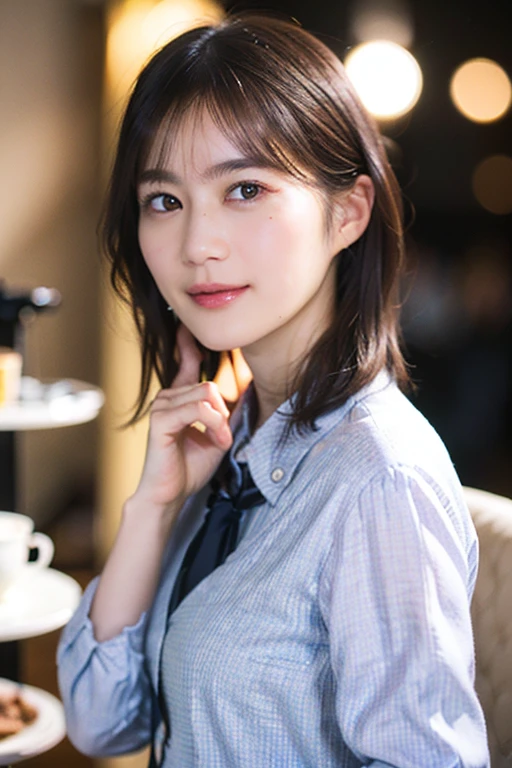 (a beautiful japanese woman with short hair, early 20s, a friendly smile, wearing a light colored collared shirt, a dark colored pencil skirt , in a coffee cafe, very detailed face, bokeh background, cowboy_shot, peace in simplicity, (best quality,4k,8k,highres,masterpiece:1.2),ultra-detailed,(realistic,photorealistic,photo-realistic:1.37),HDR,UHD,studio lighting,ultra-fine painting,sharp focus,physically-based rendering,extreme detail description,professional,vivid colors,bokeh,portraits,photography)