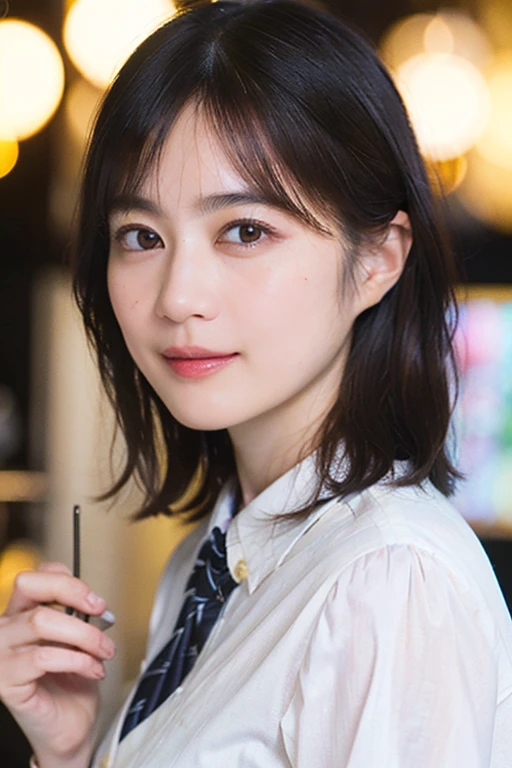 (a beautiful japanese woman with short hair, early 20s, a friendly smile, wearing a light colored collared shirt, a dark colored pencil skirt , in a coffee cafe, very detailed face, bokeh background, cowboy_shot, peace in simplicity, (best quality,4k,8k,highres,masterpiece:1.2),ultra-detailed,(realistic,photorealistic,photo-realistic:1.37),HDR,UHD,studio lighting,ultra-fine painting,sharp focus,physically-based rendering,extreme detail description,professional,vivid colors,bokeh,portraits,photography)