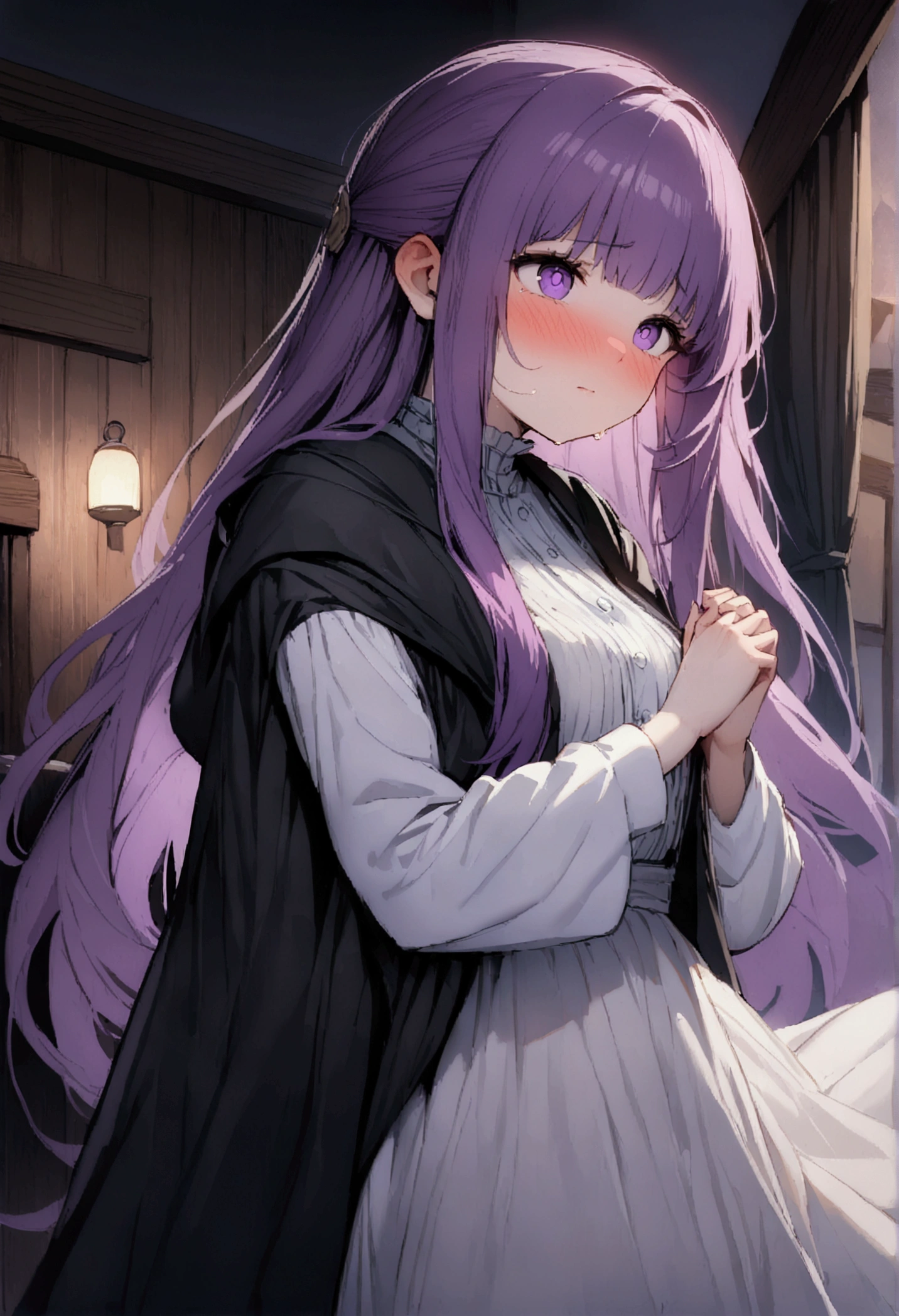 NSFW,masterpiece,Highest quality,High resolution,Super detailed,Fern\(Funeral of Frieren\),Purple eyes,Purple Hair,Long Hair,White Dress,Robe,Open clothes,Embarrassed,blush,expectant face,Inn at night,bedroom,(Young men),A man puts his hands on her waist and hugs her,Put your hands inside your clothes,Circling the body