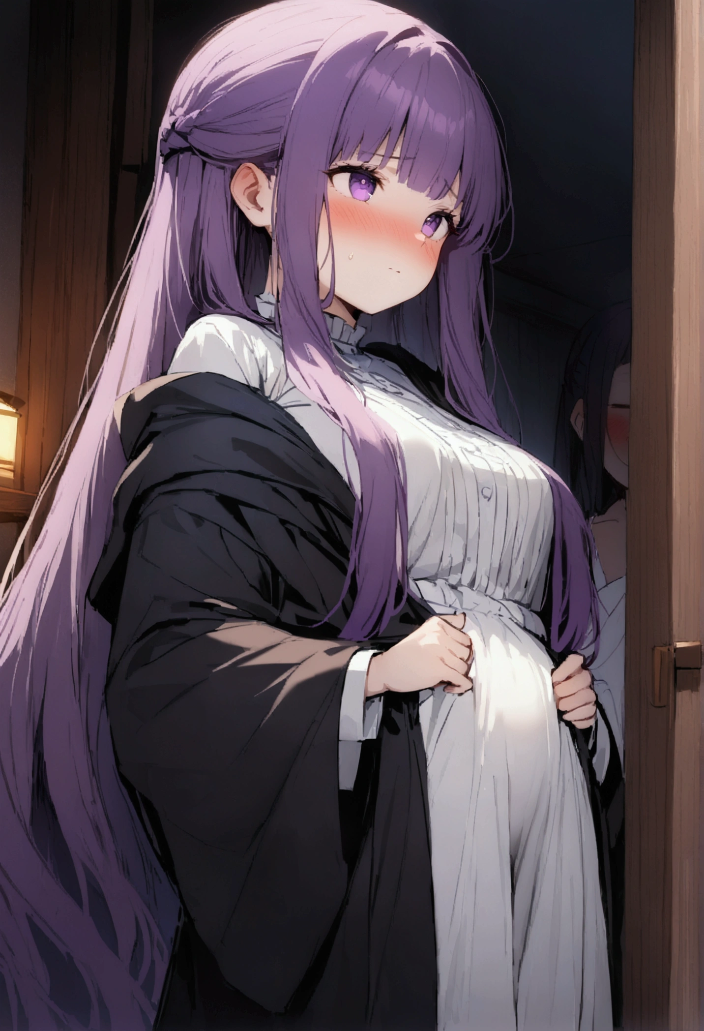 NSFW,masterpiece,Highest quality,High resolution,Super detailed,Fern\(Funeral of Frieren\),Purple eyes,Purple Hair,Long Hair,White Dress,Robe,Open clothes,Embarrassed,blush,expectant face,Inn at night,bedroom,(Young men),A man puts his hands on her waist and hugs her,Put your hands inside your clothes,Circling the body